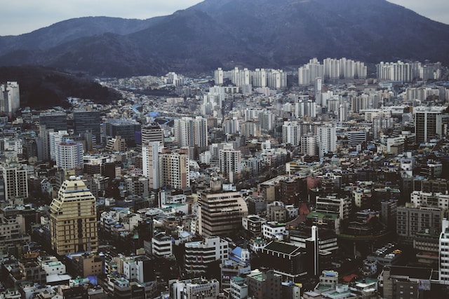 한국 도시에 있는 아파트와 주택들을 멀리서 찍은 사진입니다. 